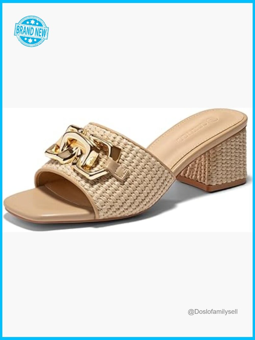Raffia Slide Sandals Chunky Heel Square Open Toe Chain Dressy Mules